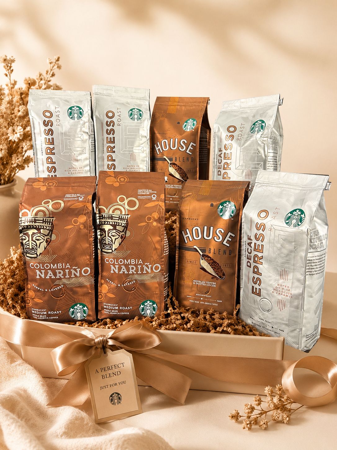 Starbucks coffee packages including Espresso, Colombia Narino, and House Blend.