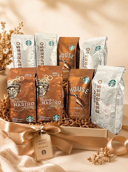 Starbucks coffee packages including Espresso, Colombia Narino, and House Blend.