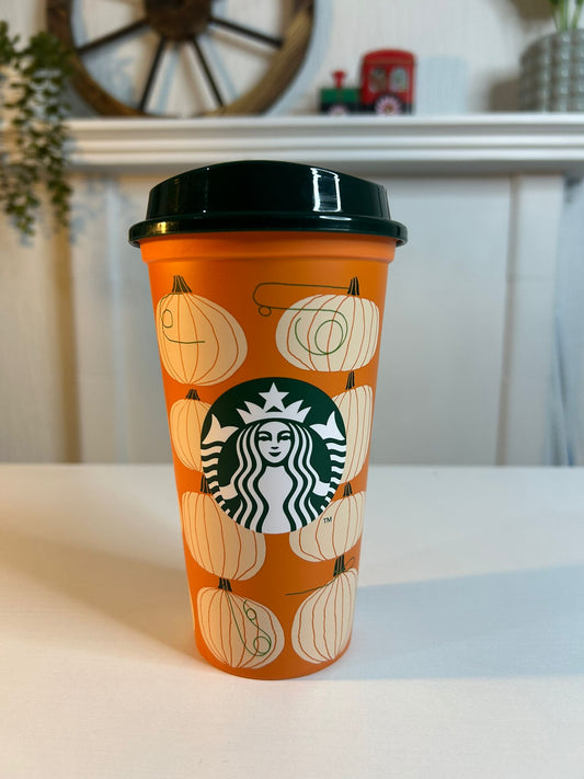 Starbucks Halloween Pumpkin Orange Reusable Cup 16oz limited edition front view