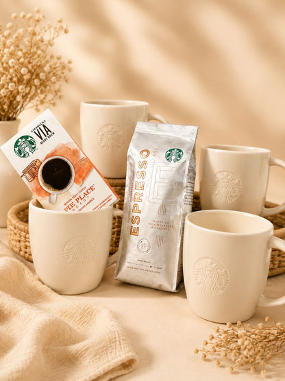 Starbucks Espresso Roast and VIA Pike Place gift set with four Starbucks Venti Mug 20oz 