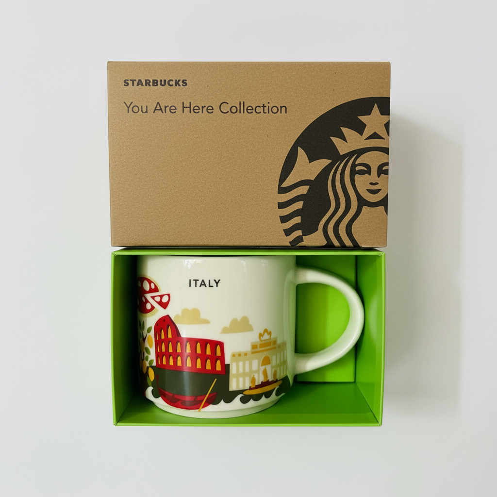 Starbucks You Are Here Italy Mug 2oz front view with Italian artwork