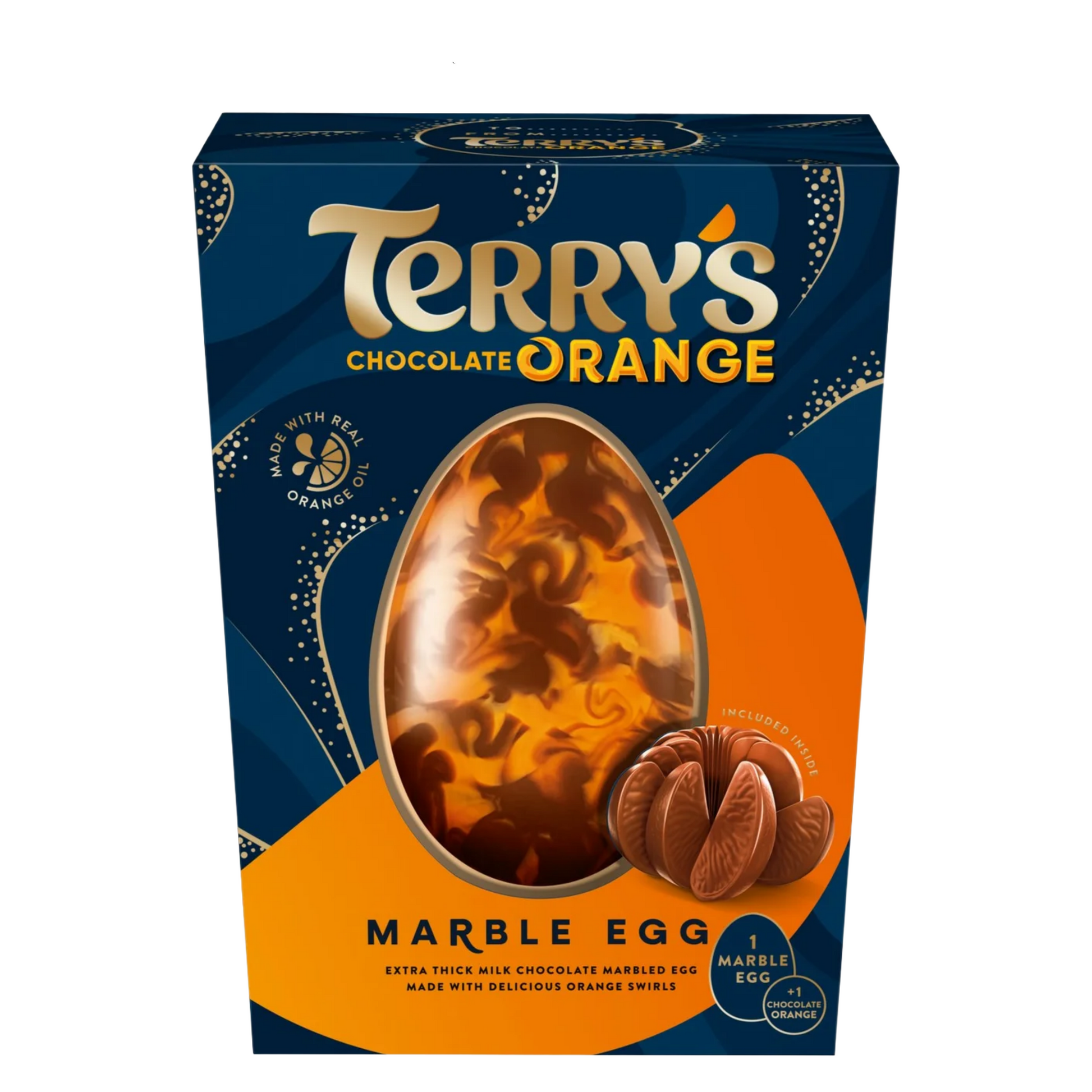 Extra thick marbled milk chocolate Easter egg with orange swirls