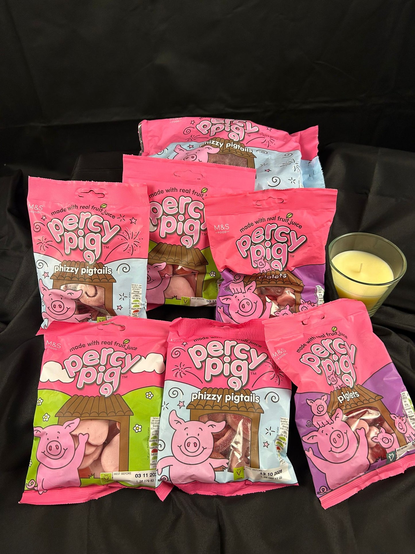 Custom Percy Pig candy hamper gift box with assorted Percy Pig candies.