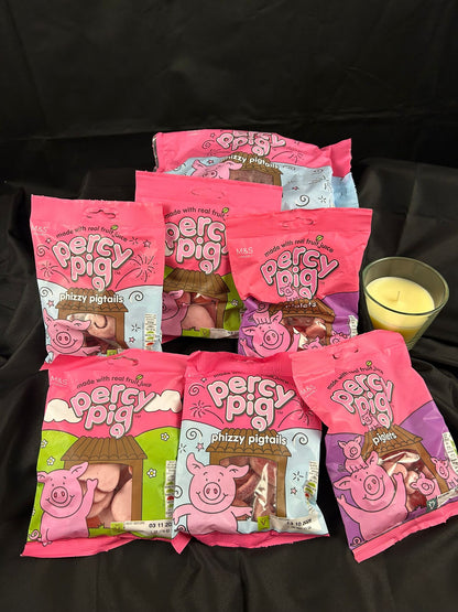 Custom Percy Pig candy hamper gift box with assorted Percy Pig candies.